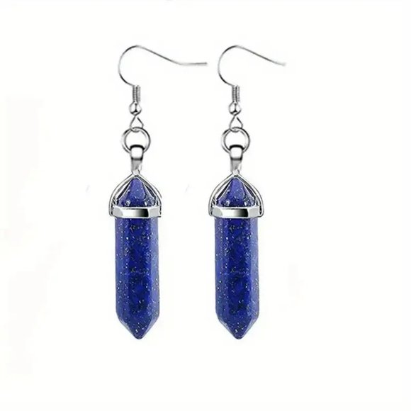 Lapis Lazuli Natural Stone Gemstone Handmade Hexagon Point Dangle Earrings - Picture 2 of 2